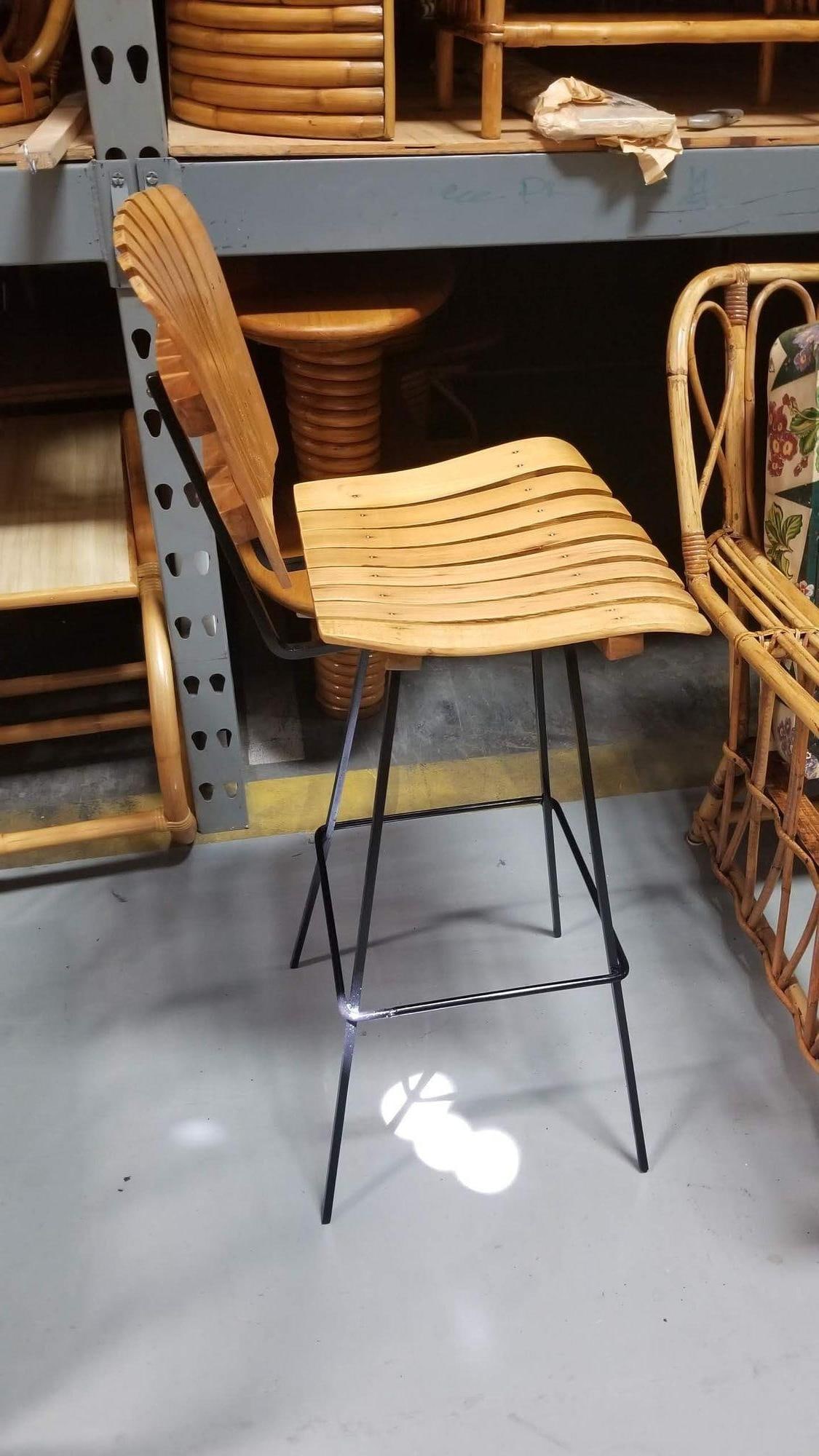 Restored Mid Century Arthur Umanoff Set of Four Slat Bar Stools - 9