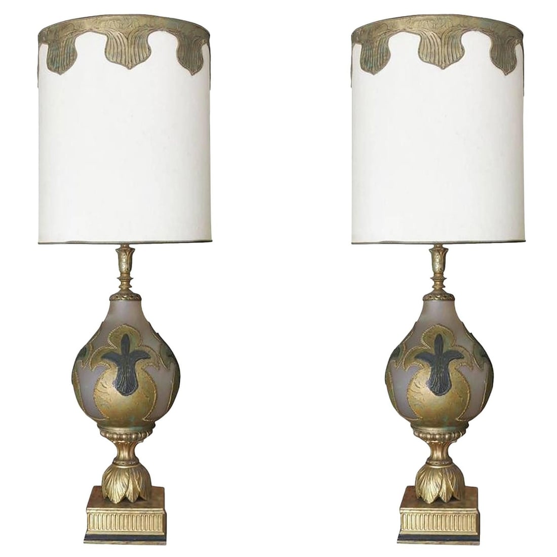 Hand Painted Impasto Frosted Glass Midcentury Table Lamp Pair with Shade: Title: Hand Painted Impasto Frosted Glass Midcentury Table Lamp Pair with Shade Description: Original Mid-century hand painted frosted glass table lamp pair. The lamp features a brass Regency inspired