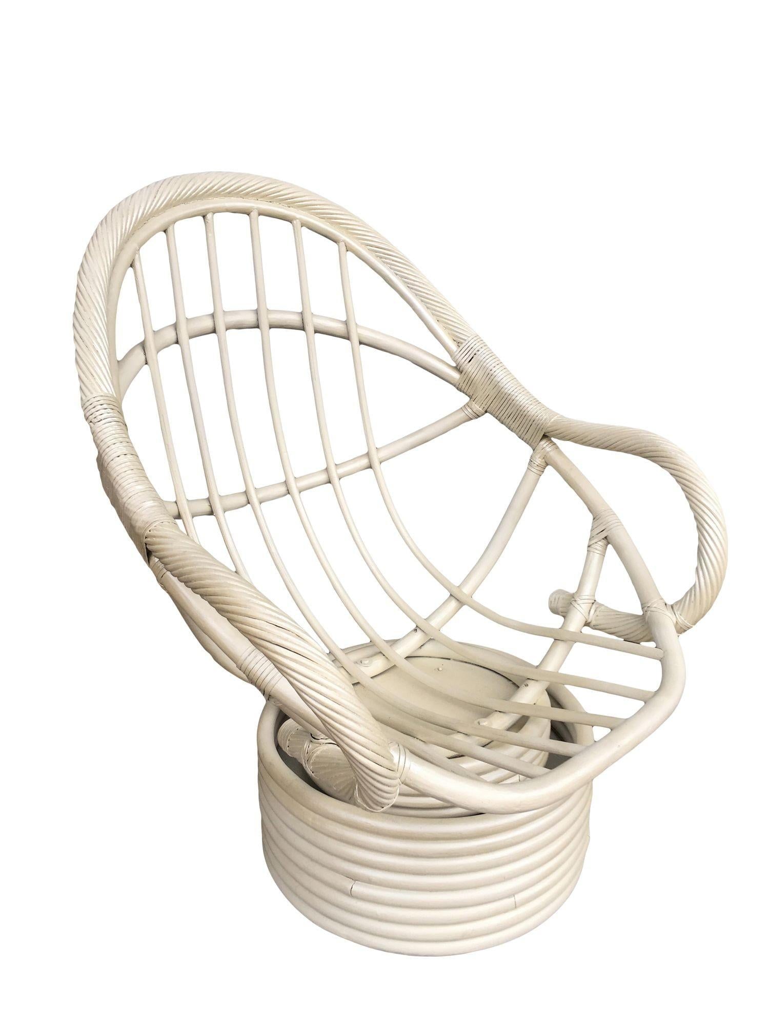 Restored White Rattan Bucket Lounge Chair W/ Swivel Base - 8