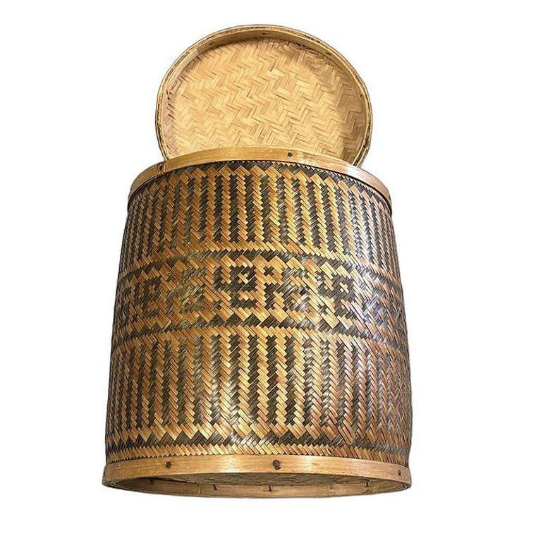Tall Traditional Thai Hand Woven Wicker Rice Storage Basket w/ Lid - 11