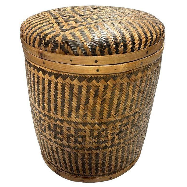 Tall Traditional Thai Hand Woven Wicker Rice Storage Basket w/ Lid - 18