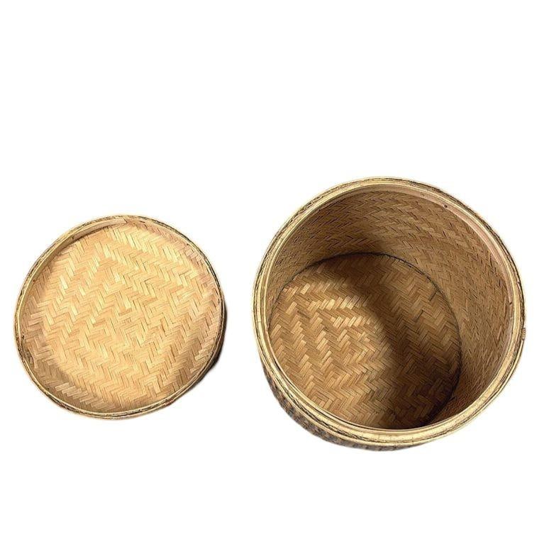 Tall Traditional Thai Hand Woven Wicker Rice Storage Basket w/ Lid - 6