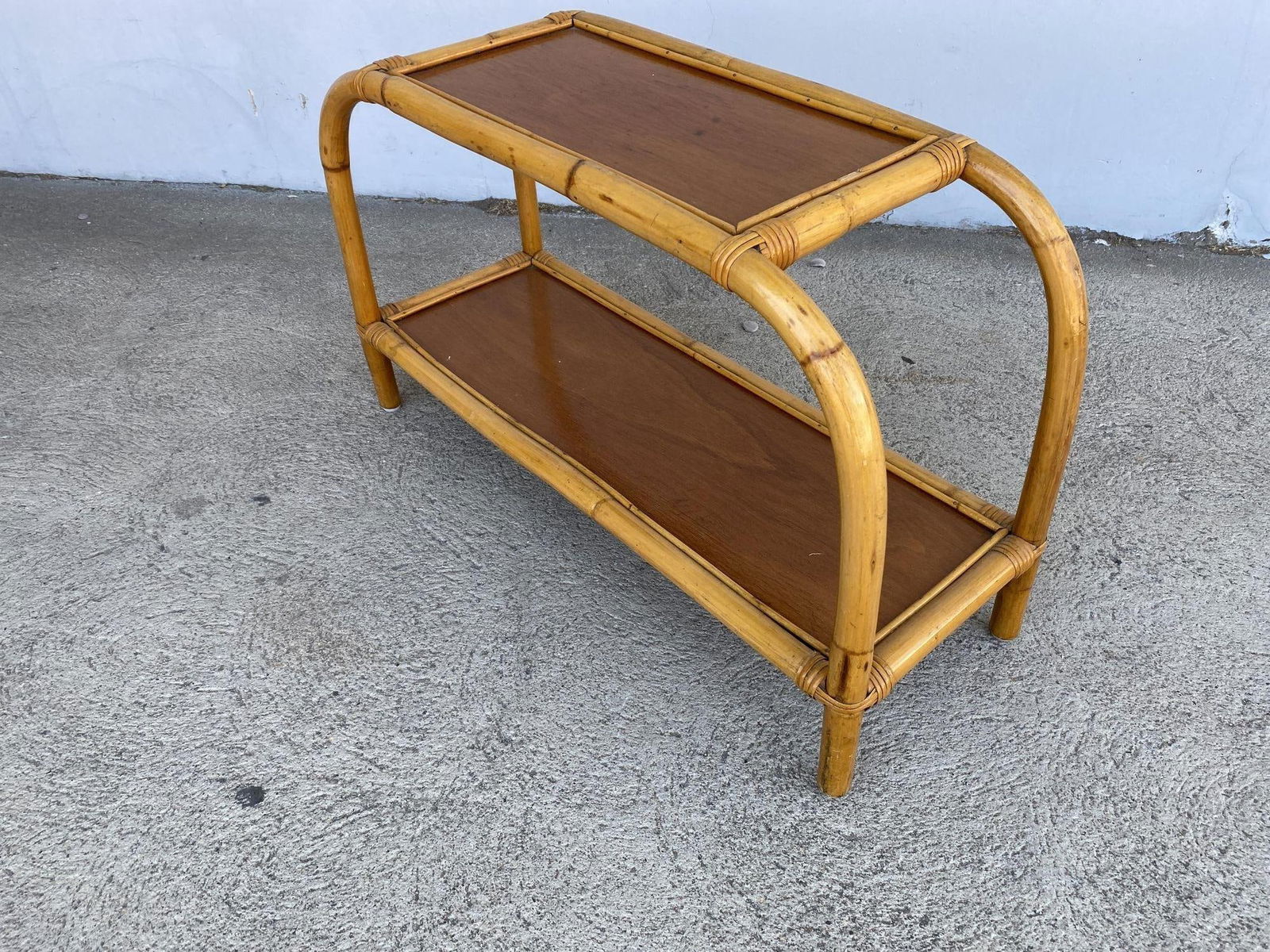 Restored 1950s Boho Two-Tier "Arch" Rattan & Mahogany Side Table - 10