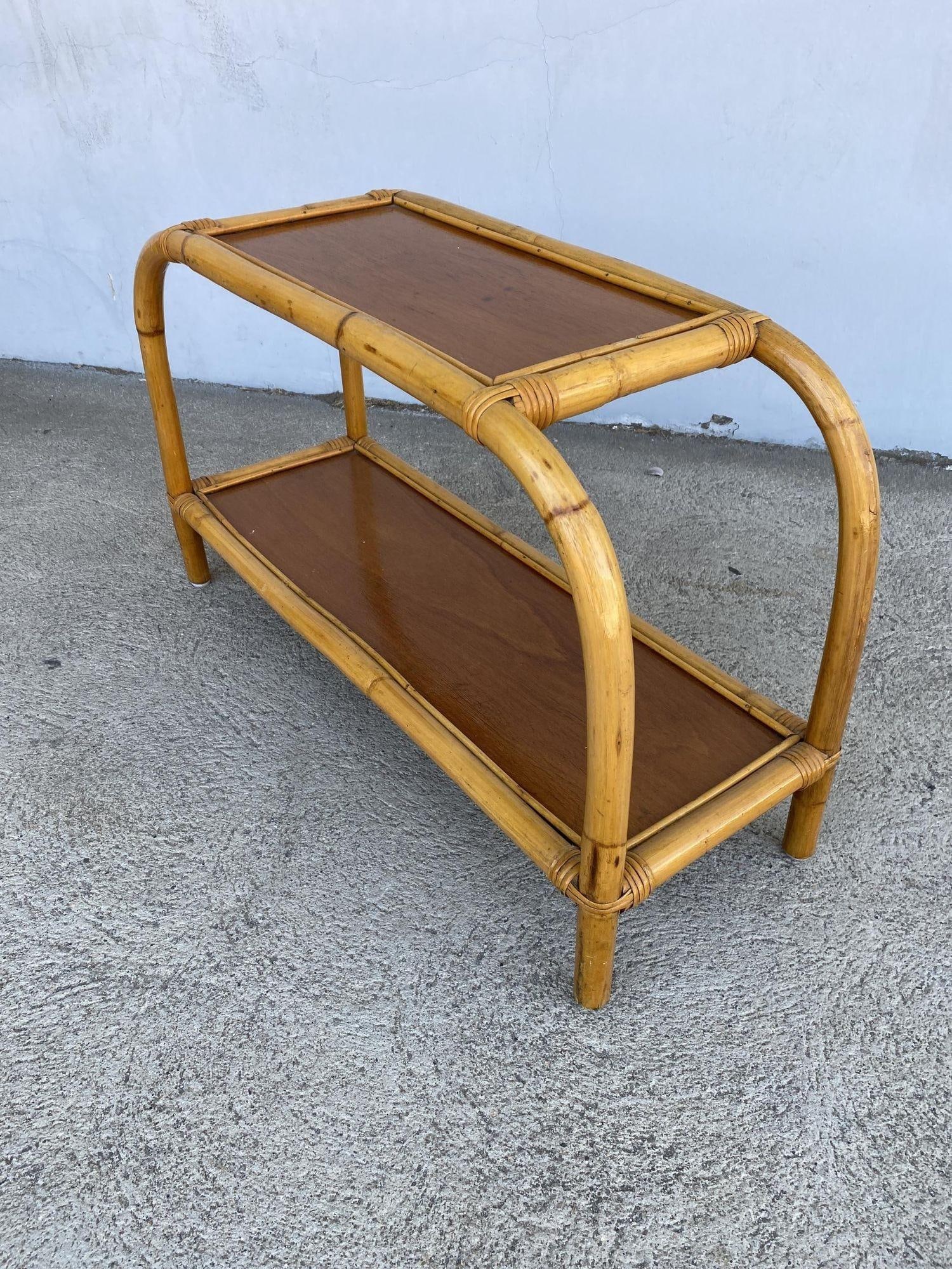 Restored 1950s Boho Two-Tier "Arch" Rattan & Mahogany Side Table - 2