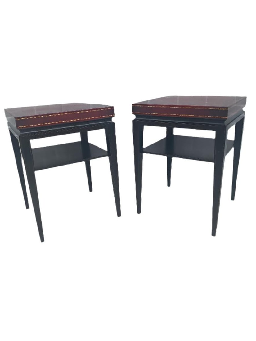 Hollywood Regency Tommi Parzinger Occasional Side Tables - Pair: Title: Hollywood Regency Tommi Parzinger Occasional Side Tables - Pair Description: Hollywood Regency Model 3303 Ebonized Mahogany Frame Occasional Side Table with Deep Burgundy Leather Tops by Tommi