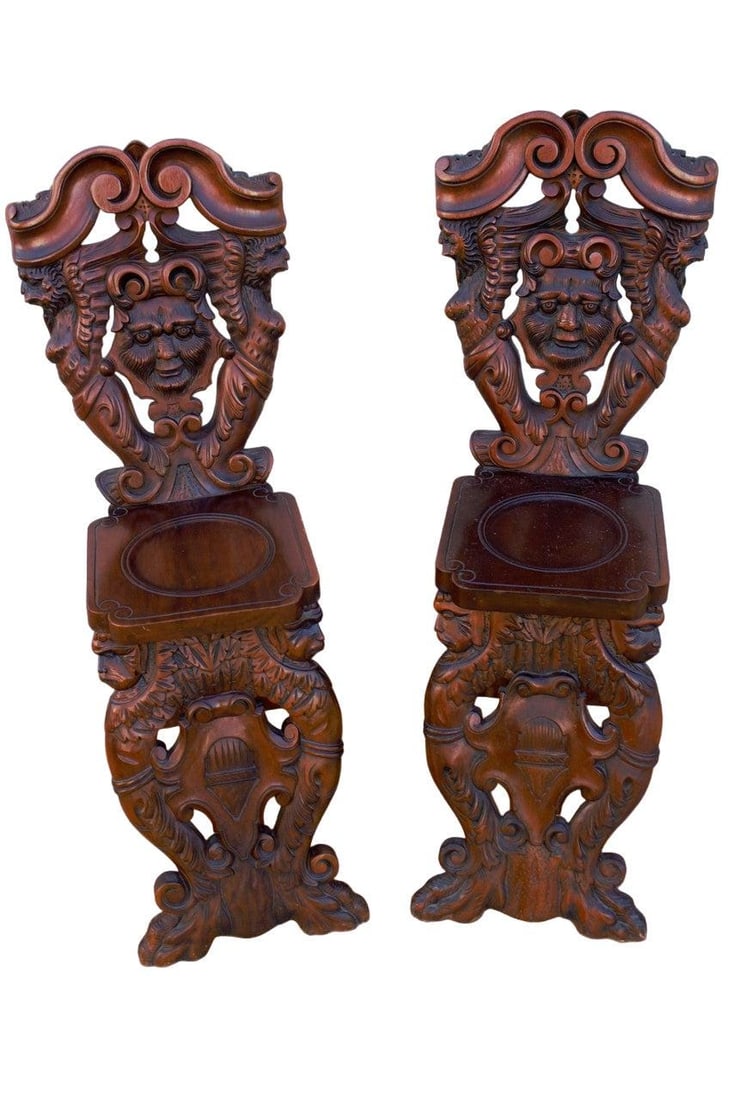 Antique Italian Renaissance Revival Carved Ornate Figural Walnut Hall Side Chairs - Pair - 2