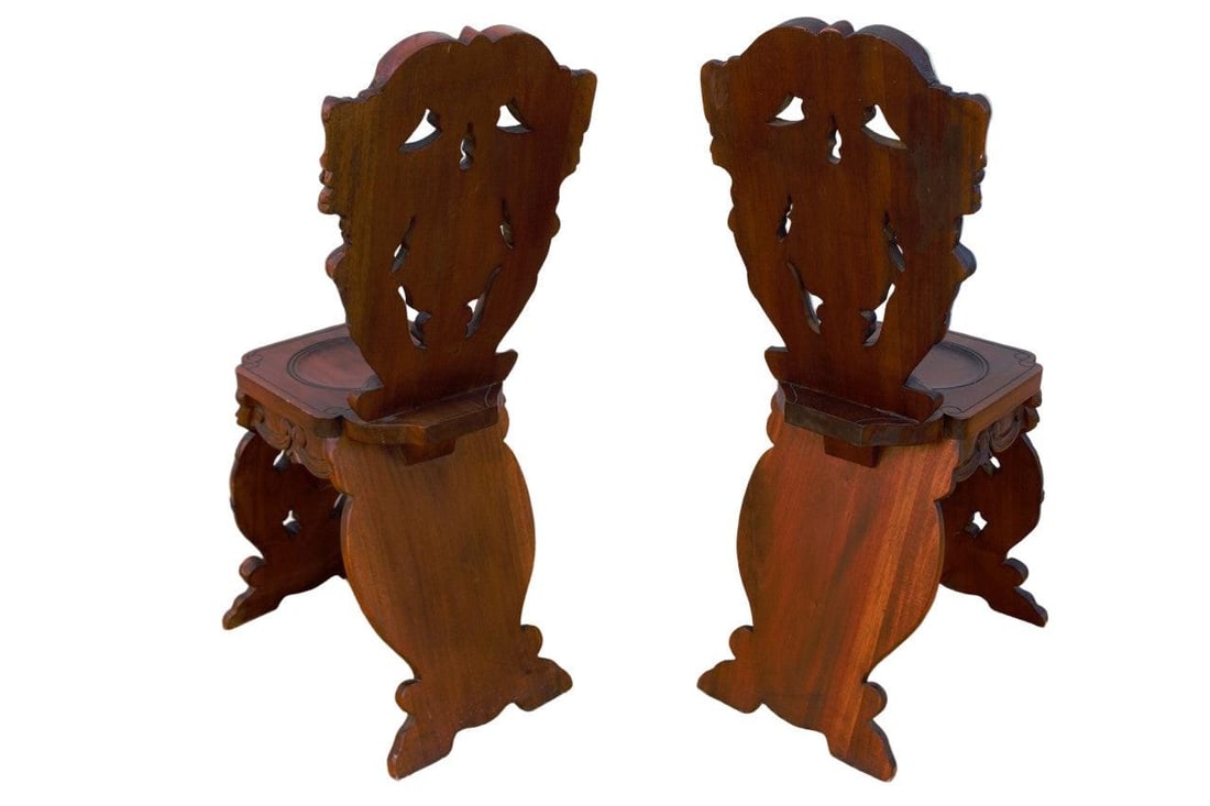 Antique Italian Renaissance Revival Carved Ornate Figural Walnut Hall Side Chairs - Pair - 4