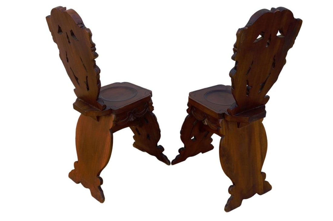 Antique Italian Renaissance Revival Carved Ornate Figural Walnut Hall Side Chairs - Pair - 5