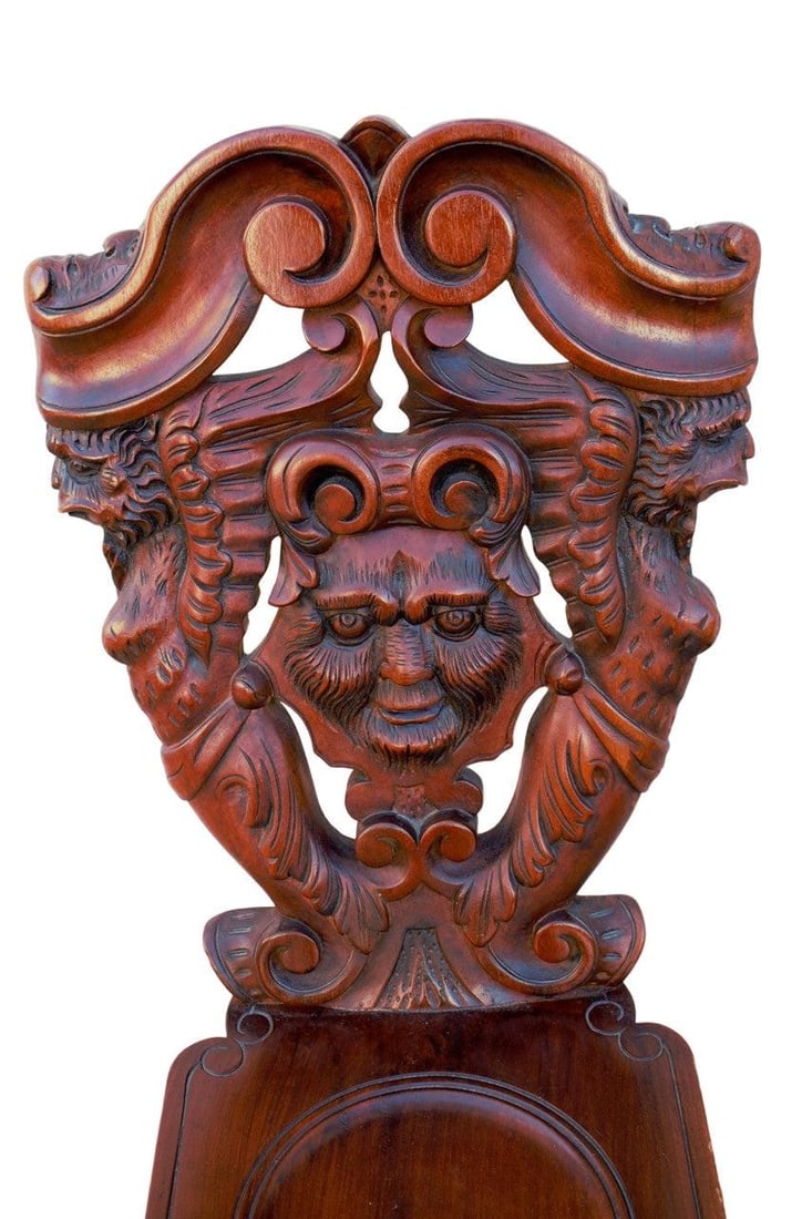 Antique Italian Renaissance Revival Carved Ornate Figural Walnut Hall Side Chairs - Pair - 6