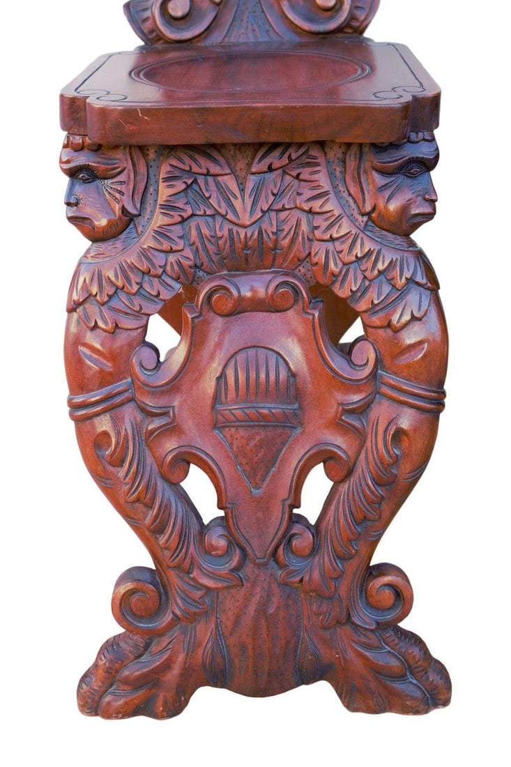 Antique Italian Renaissance Revival Carved Ornate Figural Walnut Hall Side Chairs - Pair - 7