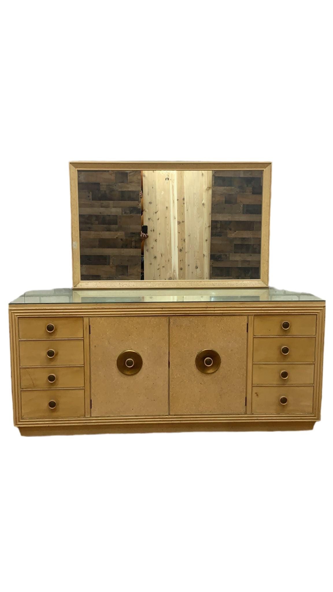 MCM Cork Sideboard with Mirror by Johnson Furniture: Title: MCM Cork Sideboard with Mirror by Johnson Furniture Description: Mid Century Modern Cork and Wood Credenza/Sideboard with Mirror by Paul Frankl for Johnson Furniture This amazing cork and wood