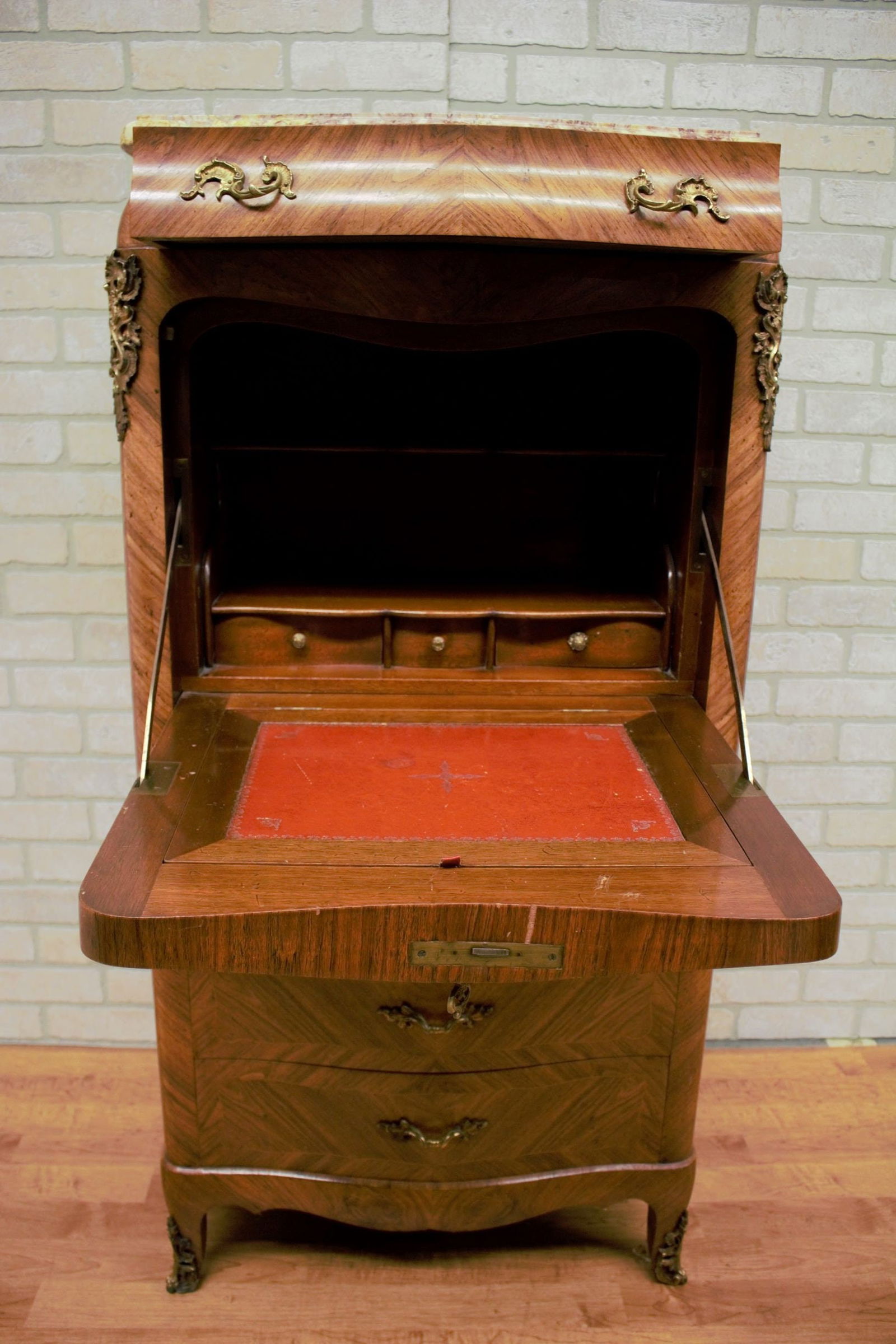 Antique French Louis XV Style Marquetry Flip Down Secretary Writing Chest with Marble Top - 5