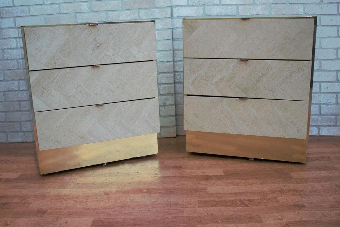 Hollywood Regency Ello Brass and Italian Travertine Chest of Drawers - Pair - 2