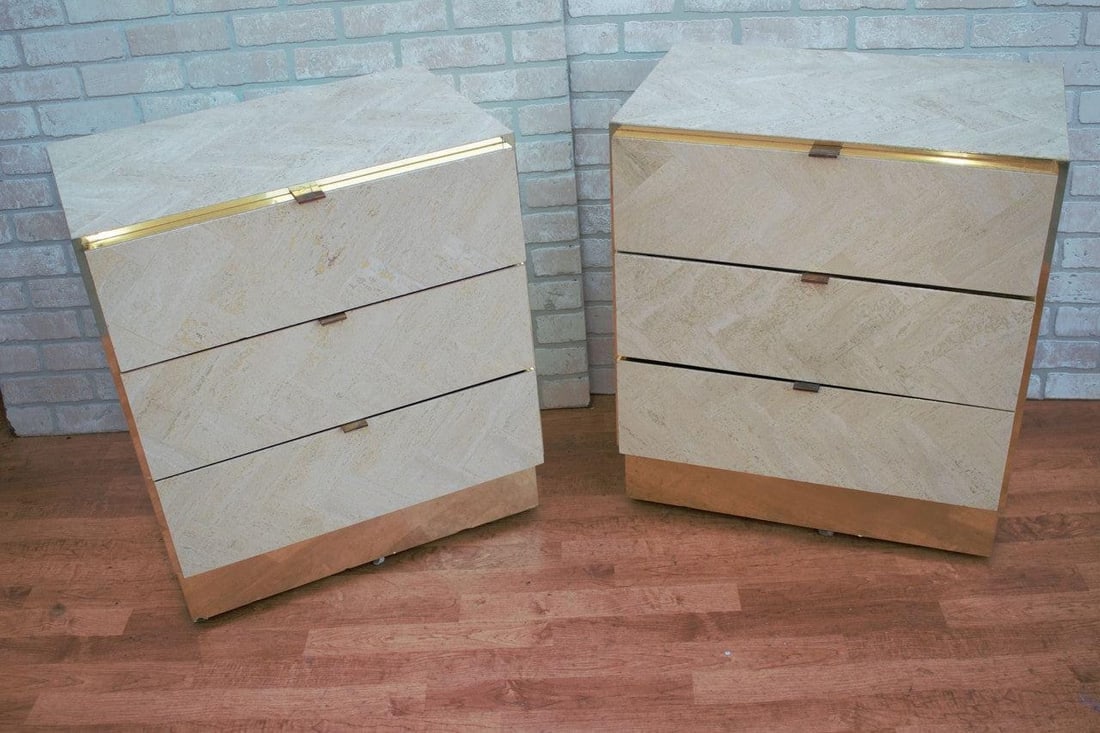 Hollywood Regency Ello Brass and Italian Travertine Chest of Drawers - Pair - 3