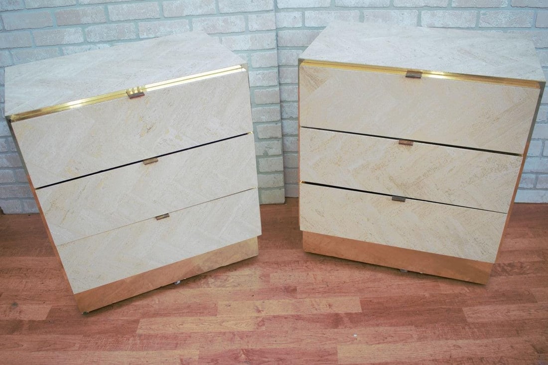 Hollywood Regency Ello Brass and Italian Travertine Chest of Drawers - Pair - 4