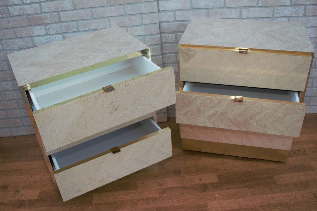 Hollywood Regency Ello Brass and Italian Travertine Chest of Drawers - Pair - 5