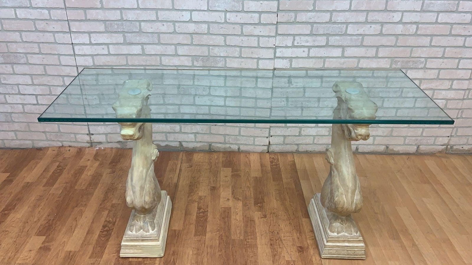 Vintage Hollywood Regency Asian Dragon Statue with Glass Top Console Table - 2