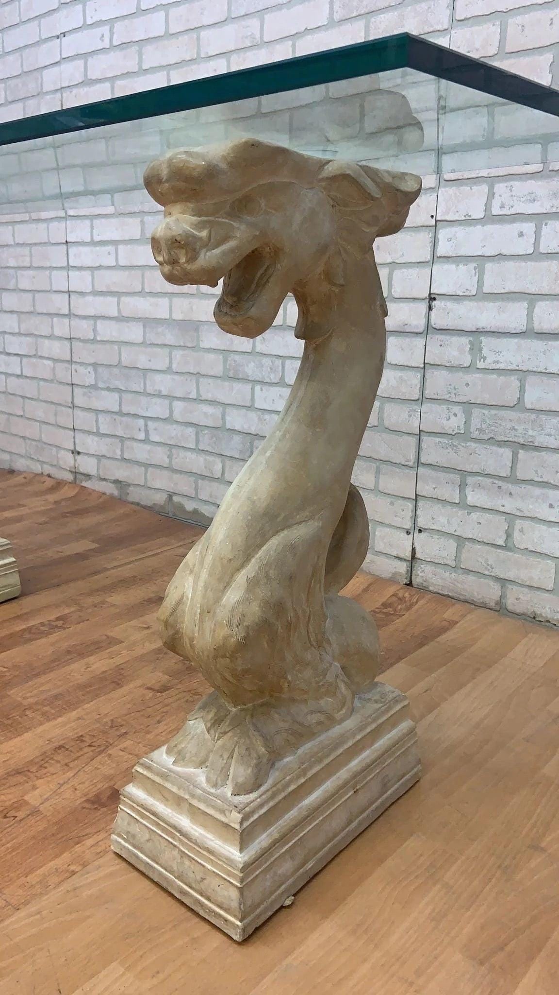 Vintage Hollywood Regency Asian Dragon Statue with Glass Top Console Table - 5