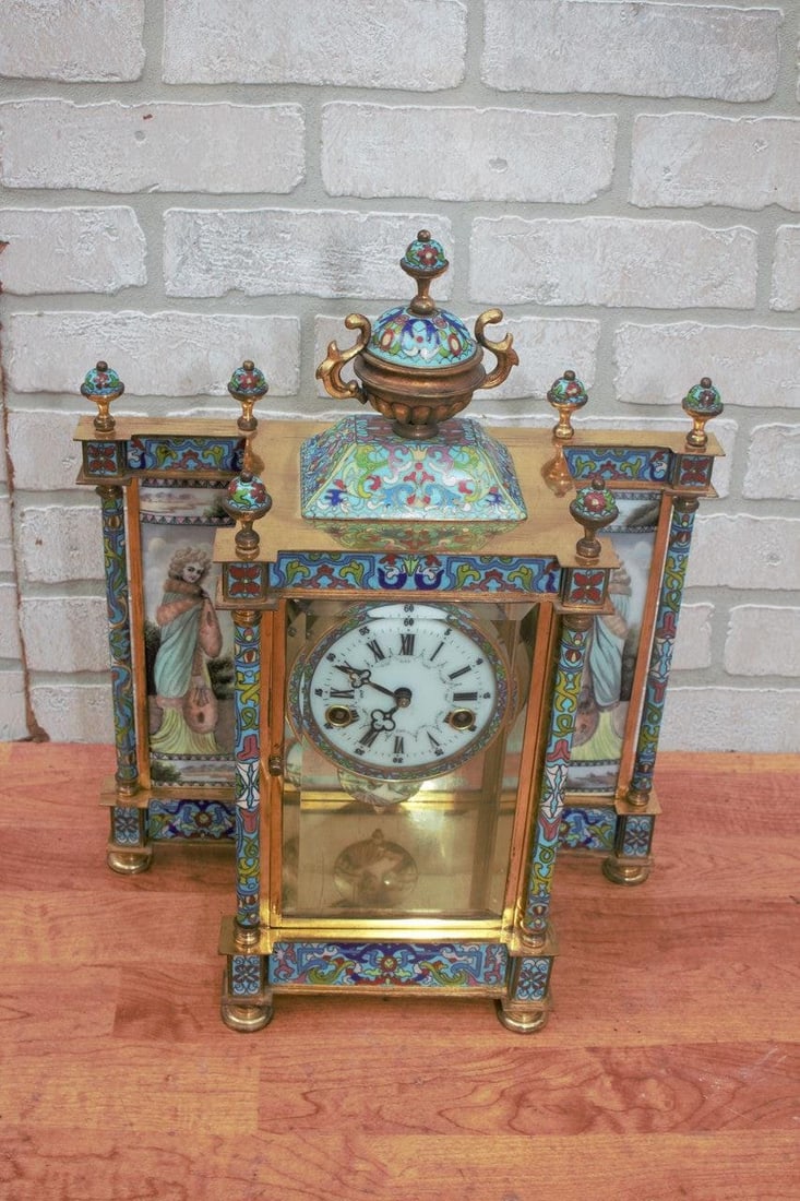 Vintage Chinese Cloisonné Enamel Wind Up 7 Day Chiming Clock - 4