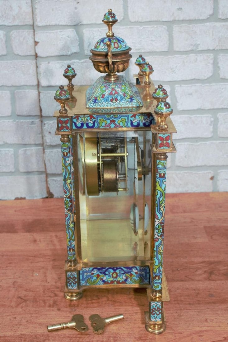 Vintage Chinese Cloisonné Enamel Wind Up 7 Day Chiming Clock - 8