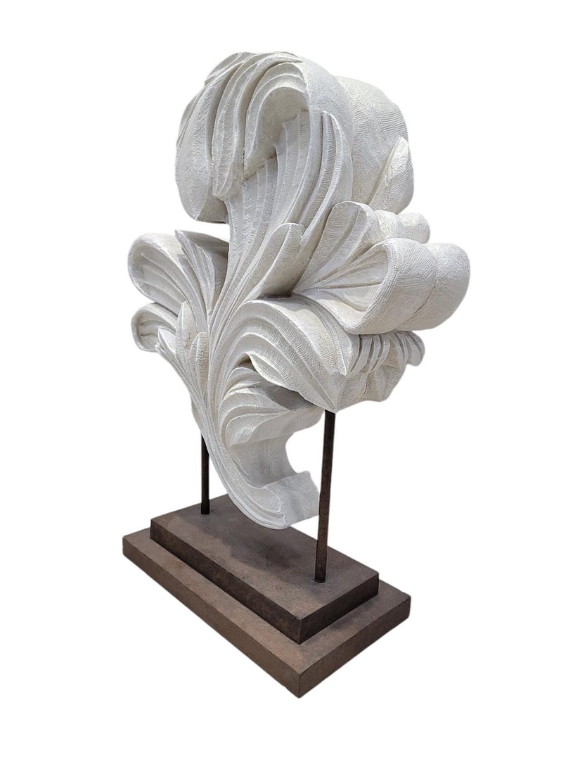 Vintage Sculpted Resin Scrolled Acanthus Leaf Sculpture on a Metal Stand - 3