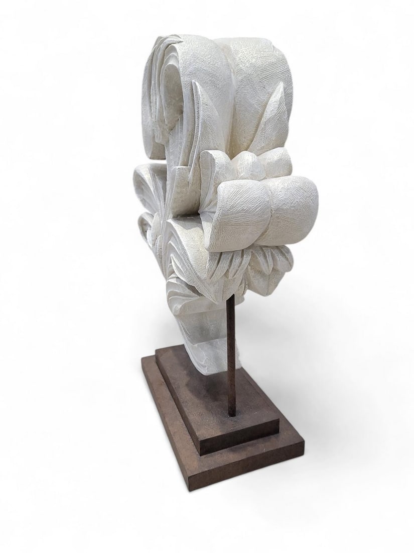 Vintage Sculpted Resin Scrolled Acanthus Leaf Sculpture on a Metal Stand - 4