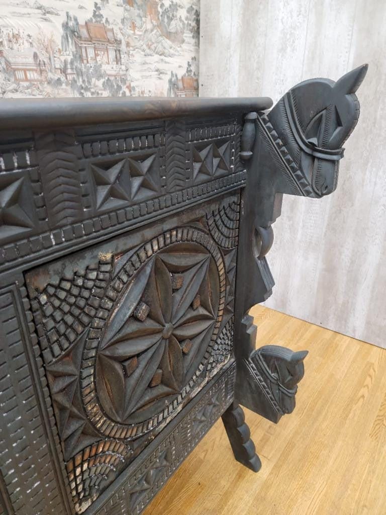 Vintage Chinese Carved Ornate Elmwood Sideboard with Horse Motifs - 3