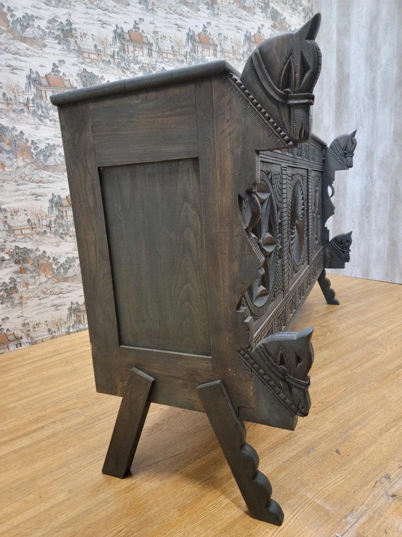 Vintage Chinese Carved Ornate Elmwood Sideboard with Horse Motifs - 6
