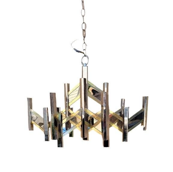 MCM Italian Gaetano Sciolari Brass & Chrome Zig Zag Chandelier: Title: MCM Italian Gaetano Sciolari Brass & Chrome Zig Zag Chandelier Description: Mid Century Modern Italian Gaetano Sciolari Brass & Chrome Zig Zag 18 Light Chandelier Light your space with this gor