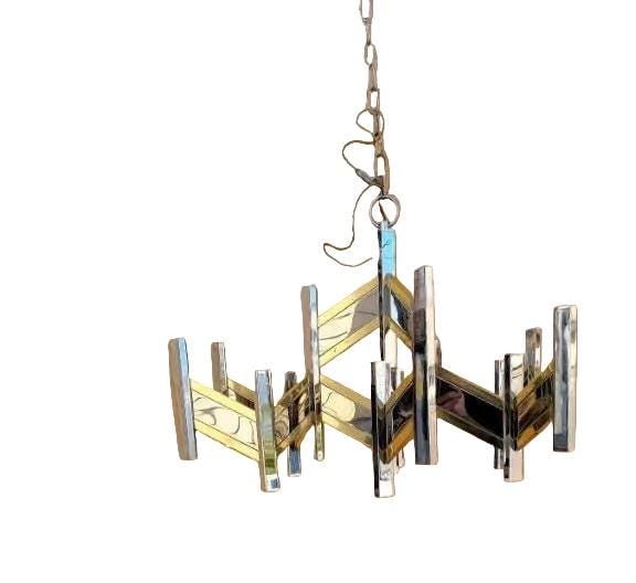 MCM Italian Gaetano Sciolari Brass & Chrome Zig Zag Chandelier - 2