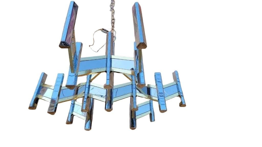 MCM Italian Gaetano Sciolari Brass & Chrome Zig Zag Chandelier - 4