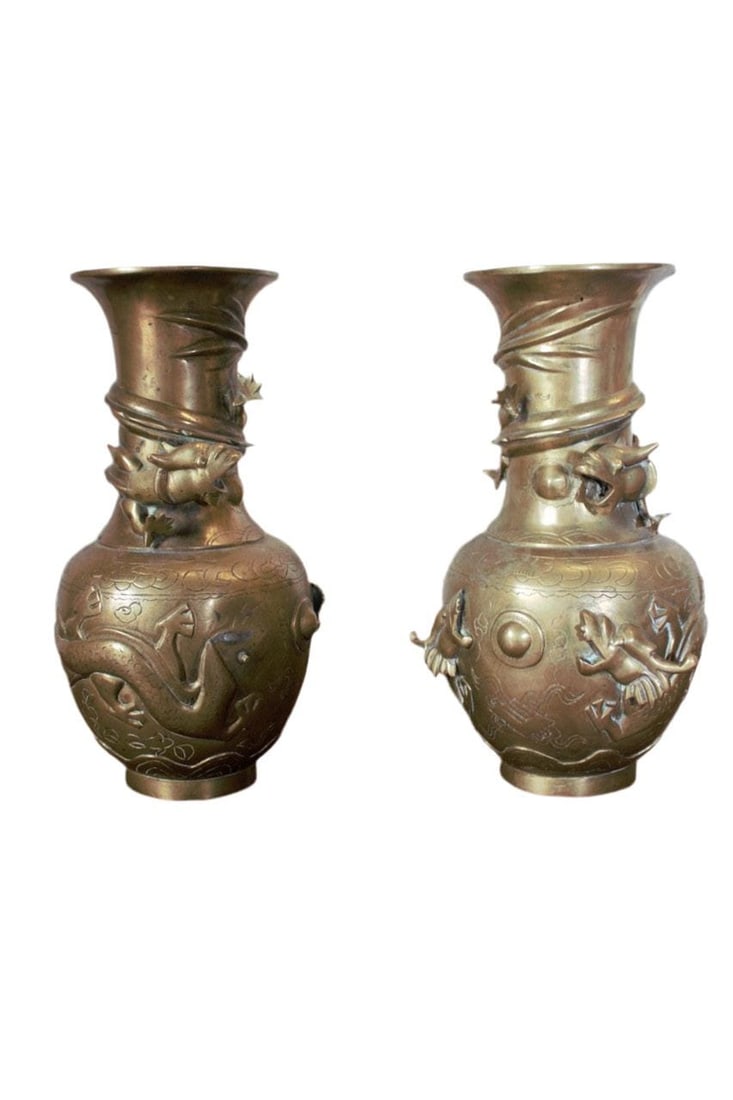 Antique Chinese Bronze Royal Dragons Sculpted Vase - Pair (1 of 8)