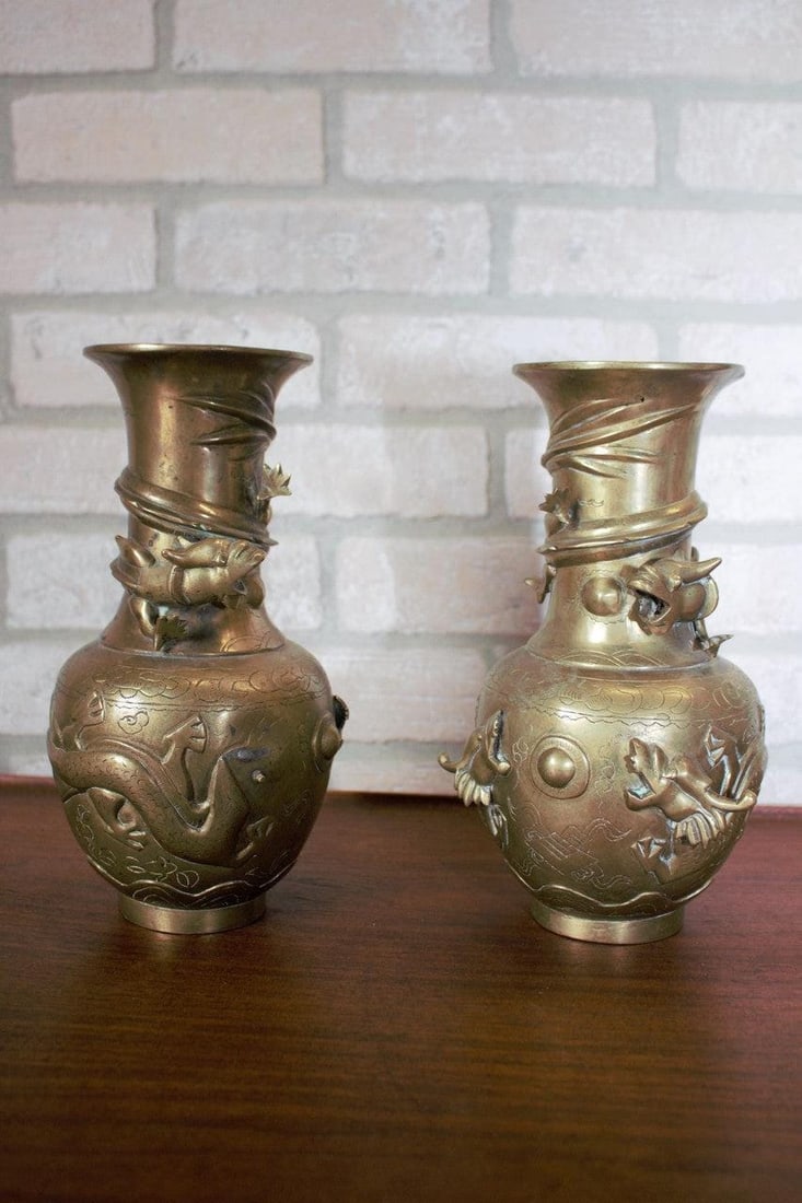 Antique Chinese Bronze Royal Dragons Sculpted Vase - Pair - 4