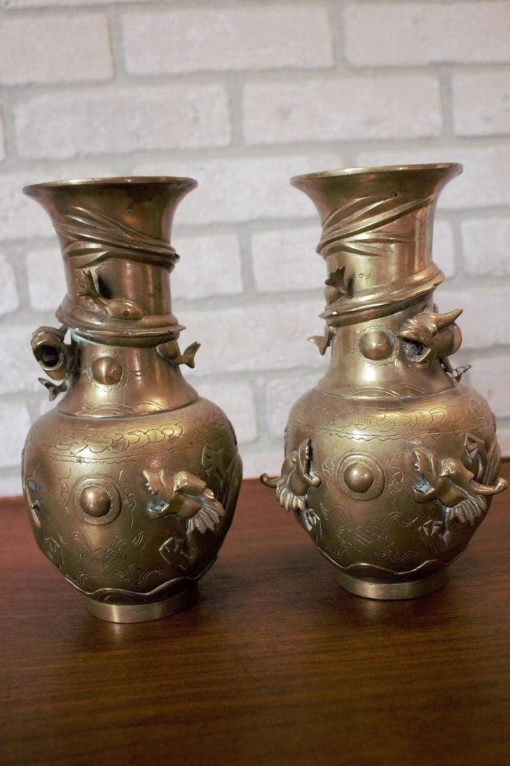 Antique Chinese Bronze Royal Dragons Sculpted Vase - Pair - 5