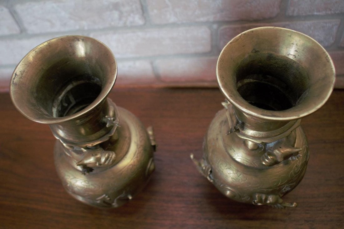 Antique Chinese Bronze Royal Dragons Sculpted Vase - Pair - 6