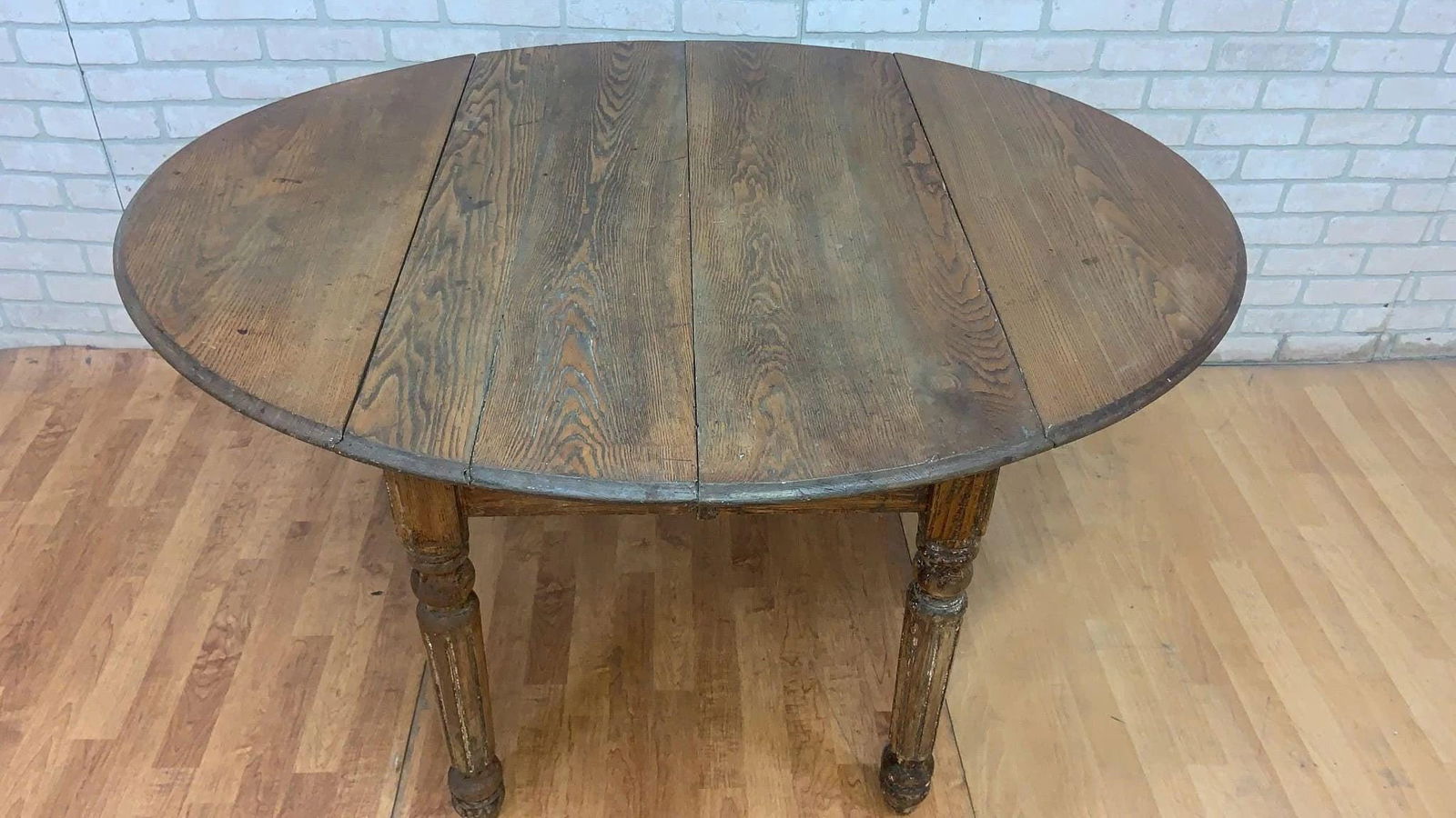 Antique Farmhouse Oak Drop-Leaf Turned Leg Table - 3