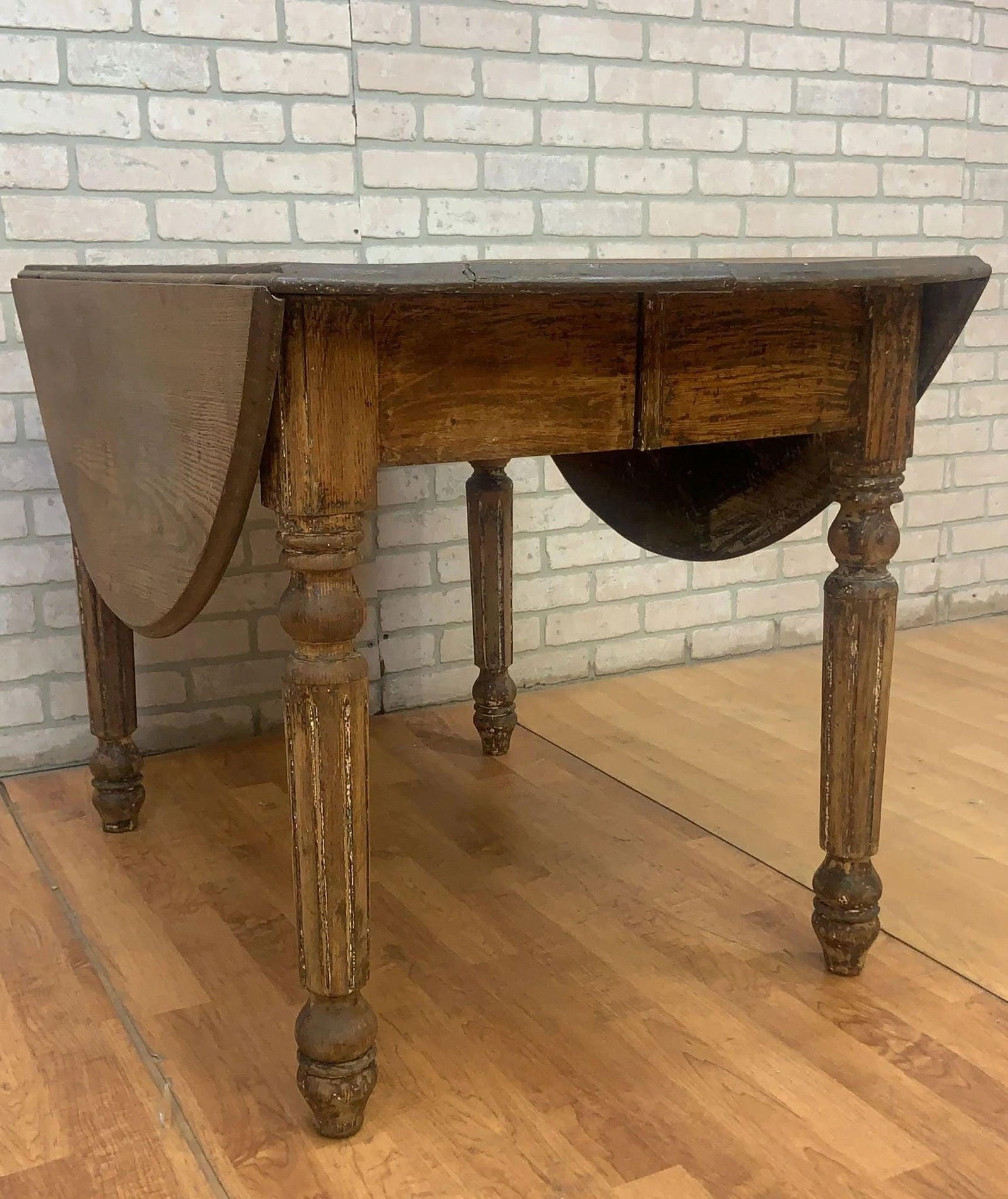 Antique Farmhouse Oak Drop-Leaf Turned Leg Table - 6