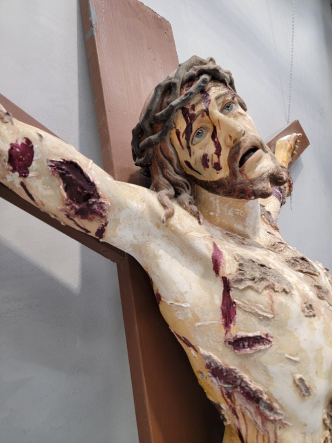 Vintage Finely Carved Massive Crucifix Salvaged from Catholic Church - 4