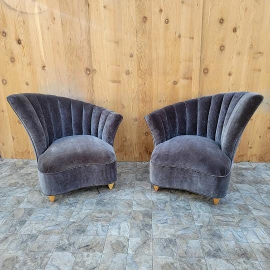 Art Deco Asymmetrical Channel Fan Back Lounge Chairs and Ottoman Newly Reupholstered - 3 Piece Set - 4