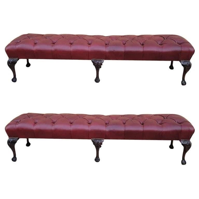 Antique Chippendale Style Carved Tufted Hall/Dining Bench Newly Reupholstered - Pair: Title: Antique Chippendale Style Carved Tufted Hall/Dining Bench Newly Reupholstered - Pair Description: Antique Chippendale Style Carved Mahogany Ball & Claw Six Leg Tufted Hall/Dining Bench Newly Re