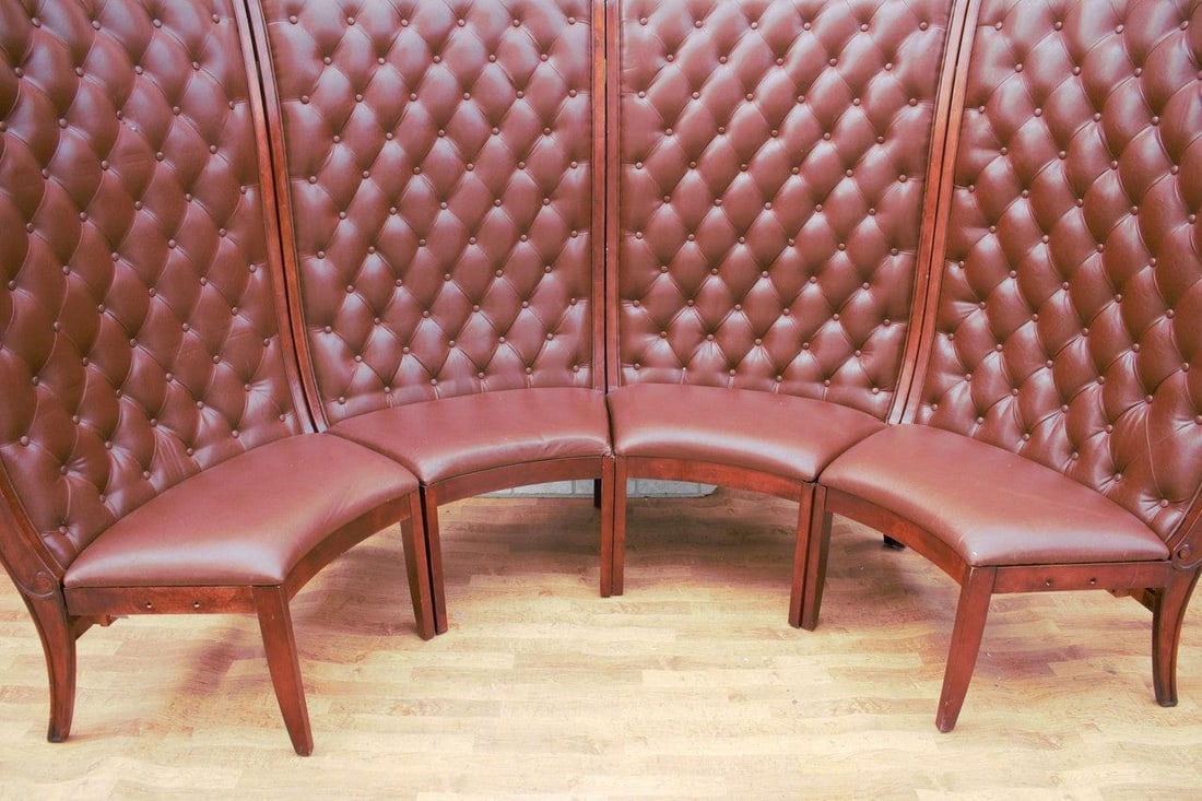Vintage Asian Style Semi Circular Booth in Mahogany and Tufted Leather - Set of 2 - 5