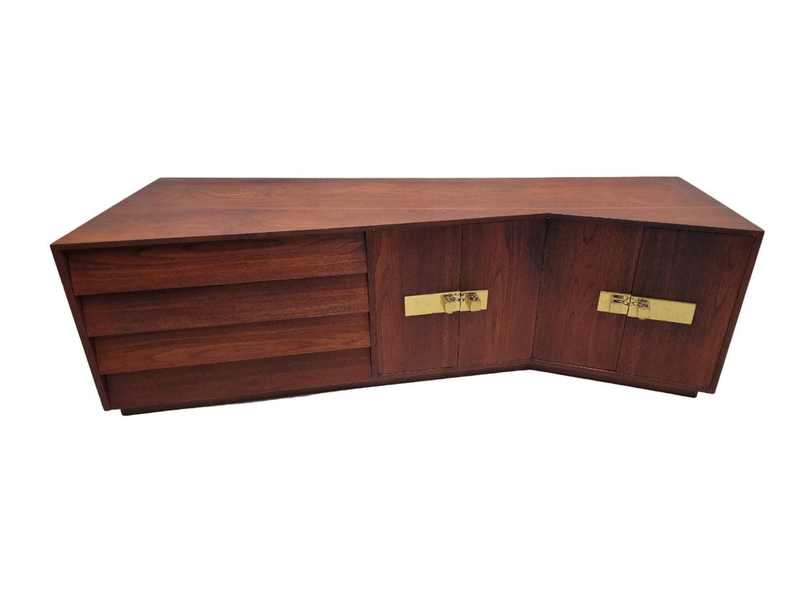 Mid Century Modern Campaign Style Sculptural Walnut Credenza: Title: Mid Century Modern Campaign Style Sculptural Walnut Credenza Description: Vintage Mid Century Modern Campaign Style Sculptural Walnut CredenzaStunning & rare mid century modern walnut campaign