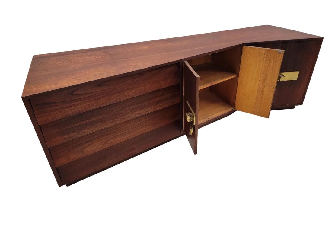 Mid Century Modern Campaign Style Sculptural Walnut Credenza - 6