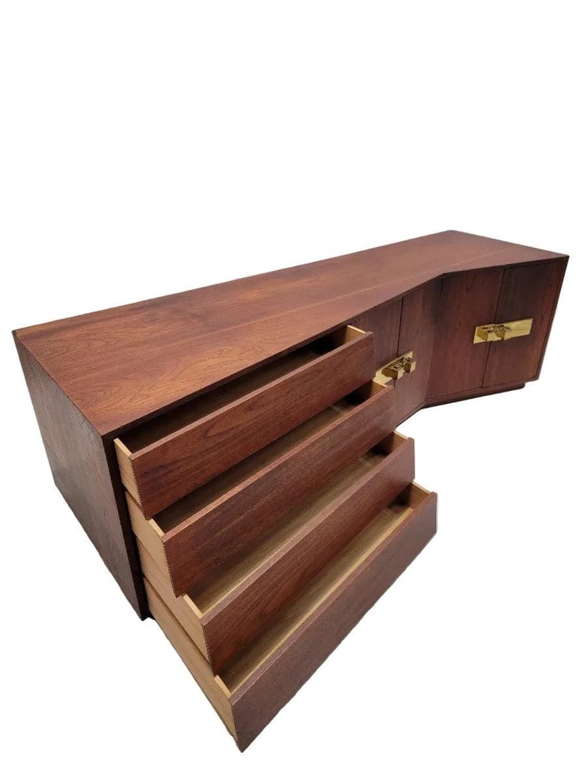 Mid Century Modern Campaign Style Sculptural Walnut Credenza - 7