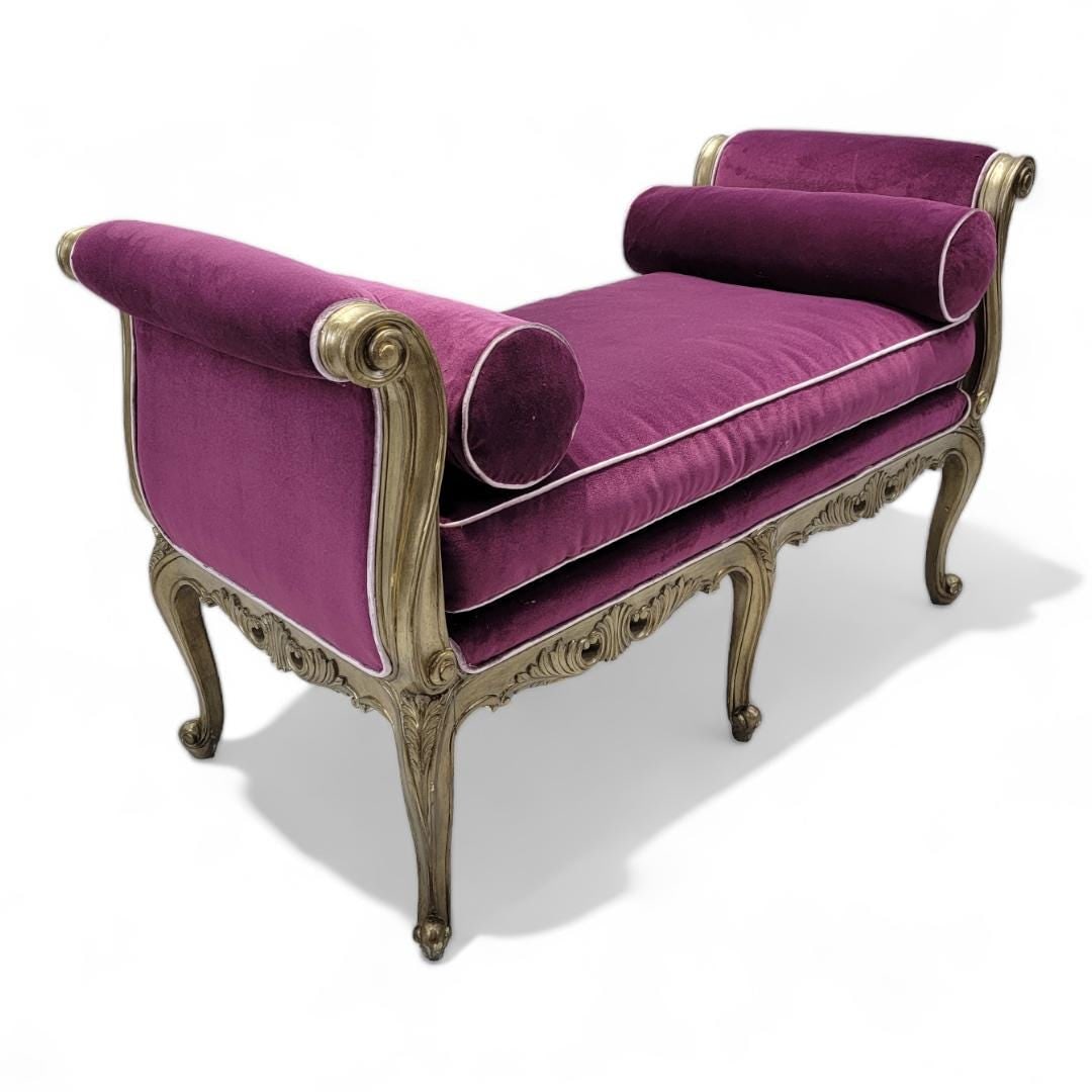 Vintage Marge Carson Beauvais Bench Newly Reupholstered: Title: Vintage Marge Carson Beauvais Bench Newly Reupholstered Description: Vintage Carved Living Room Beauvais Bench Newly Reupholstered in Velvet by Marge Carson Vintage French Classic Louis Style S