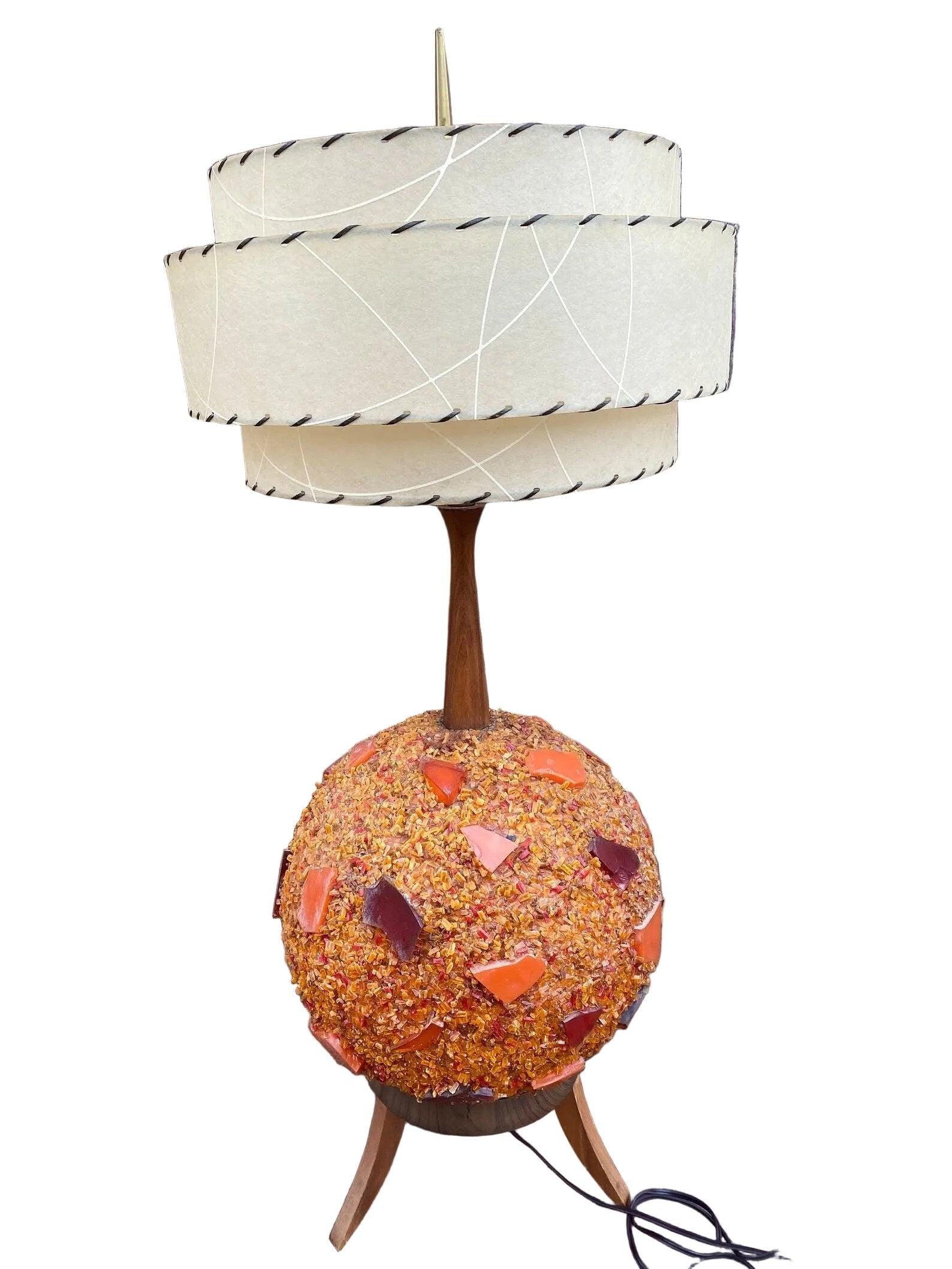 MCM Chunky Lucite Orange Rock Candy Swag Ball Table Lamp - Pair - 2