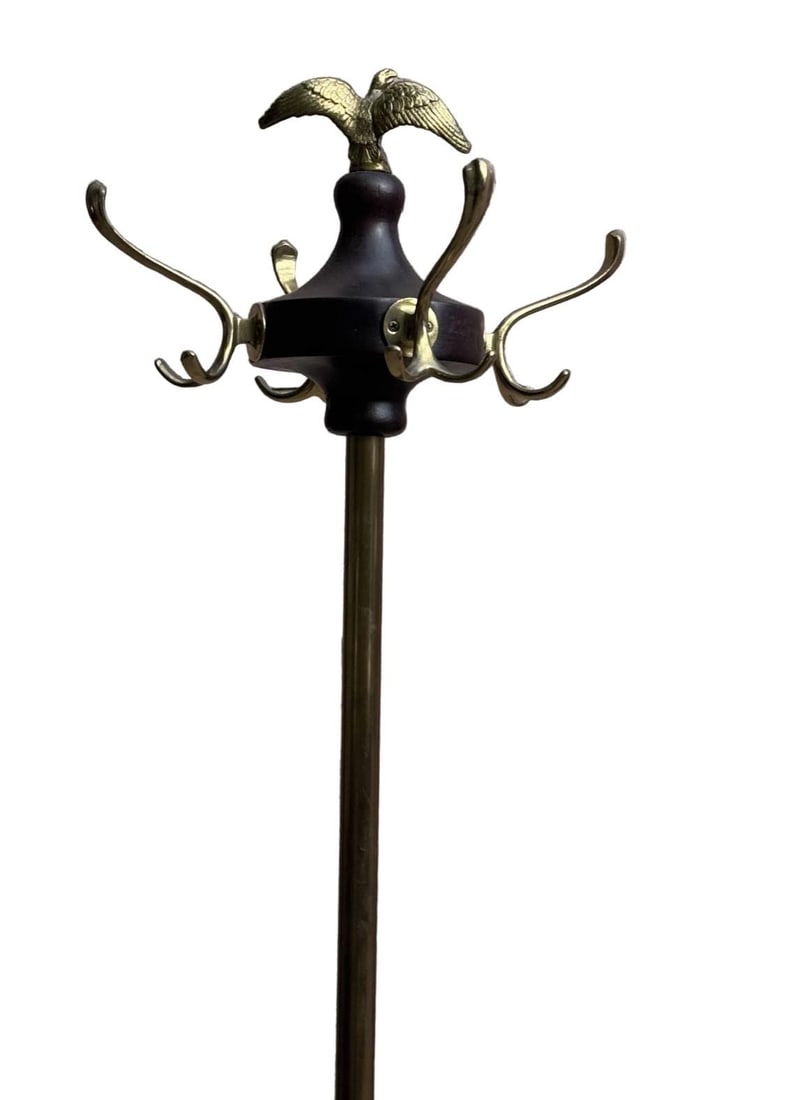 Antique Victorian Federal Style Brass, Wood and Wrought Iron Coat Rack with Eagle Finial - 3