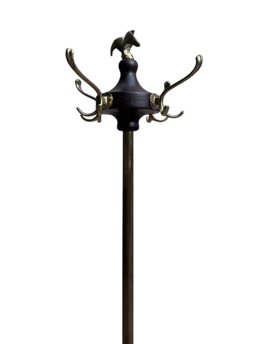 Antique Victorian Federal Style Brass, Wood and Wrought Iron Coat Rack with Eagle Finial - 4