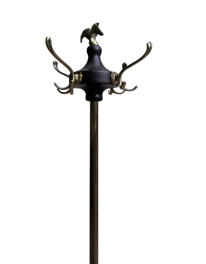 Antique Victorian Federal Style Brass, Wood and Wrought Iron Coat Rack with Eagle Finial - 5