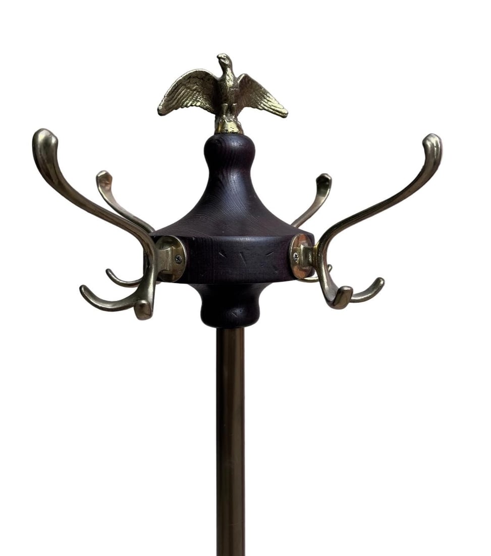 Antique Victorian Federal Style Brass, Wood and Wrought Iron Coat Rack with Eagle Finial - 7